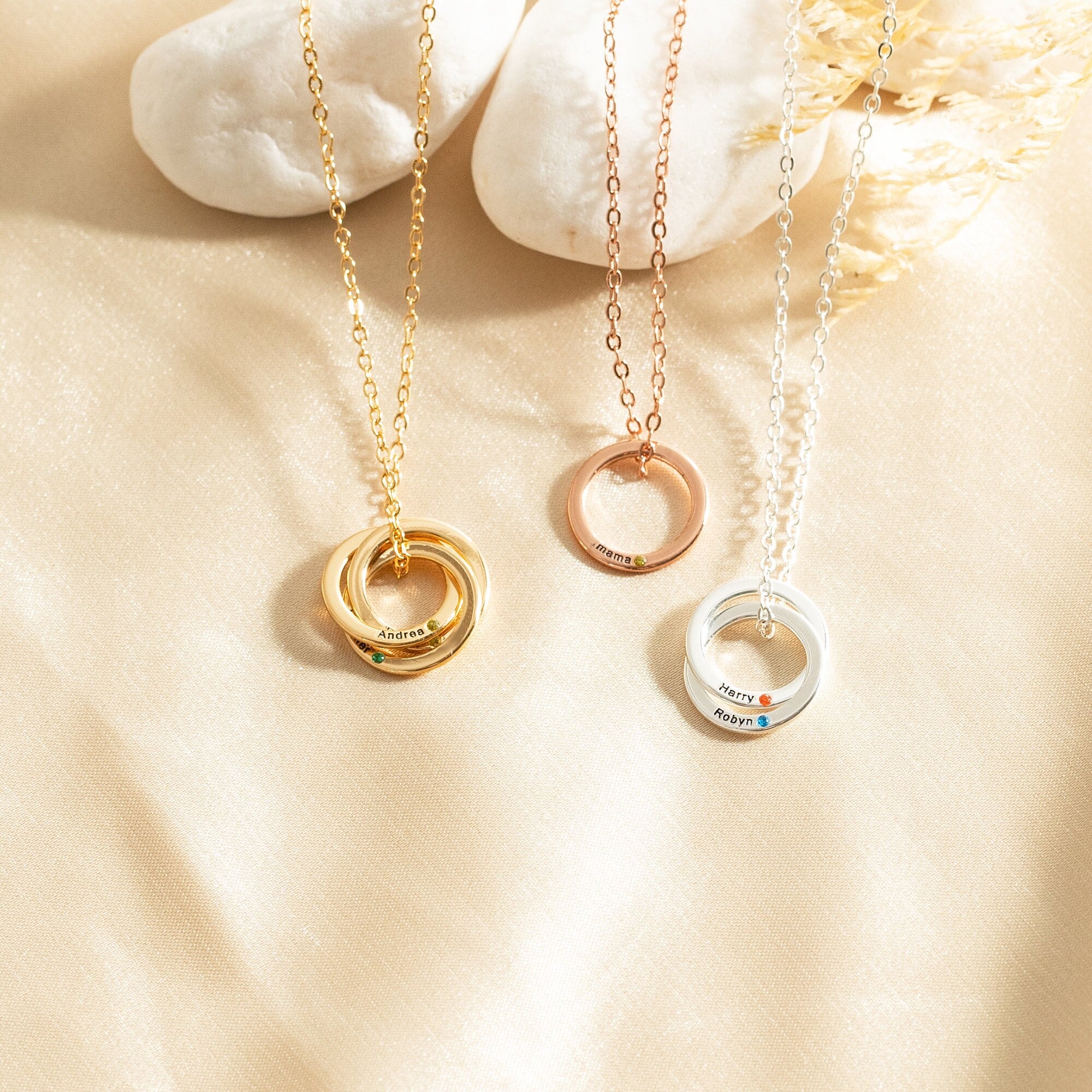 Custom Family Name Birthstone Necklace - Interlocking Circles Personalized Jewelry - Sister &amp; Mom Gift