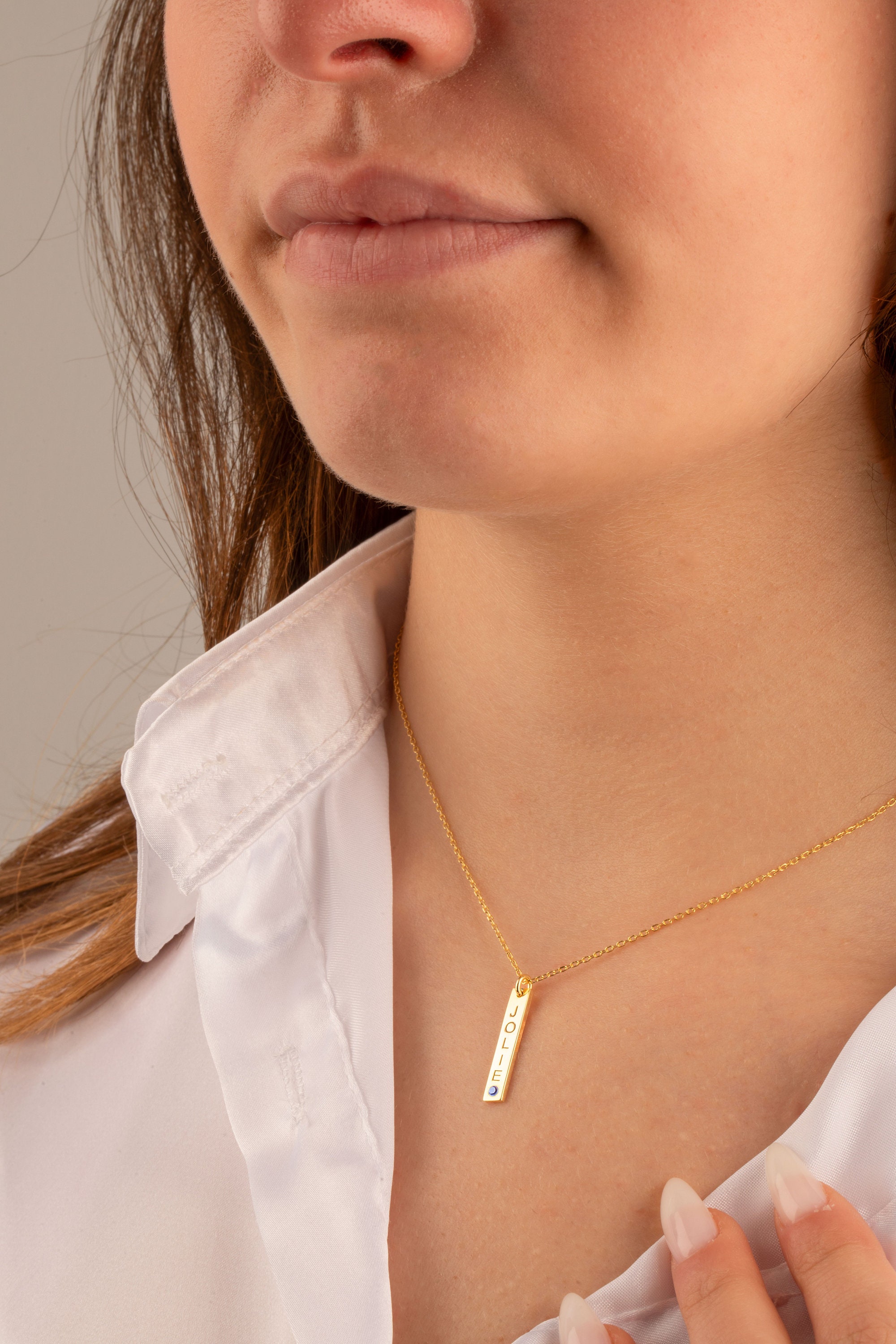 Customizable Gold Vertical Bar Necklace with Birthstone, Mother’s Day Gift