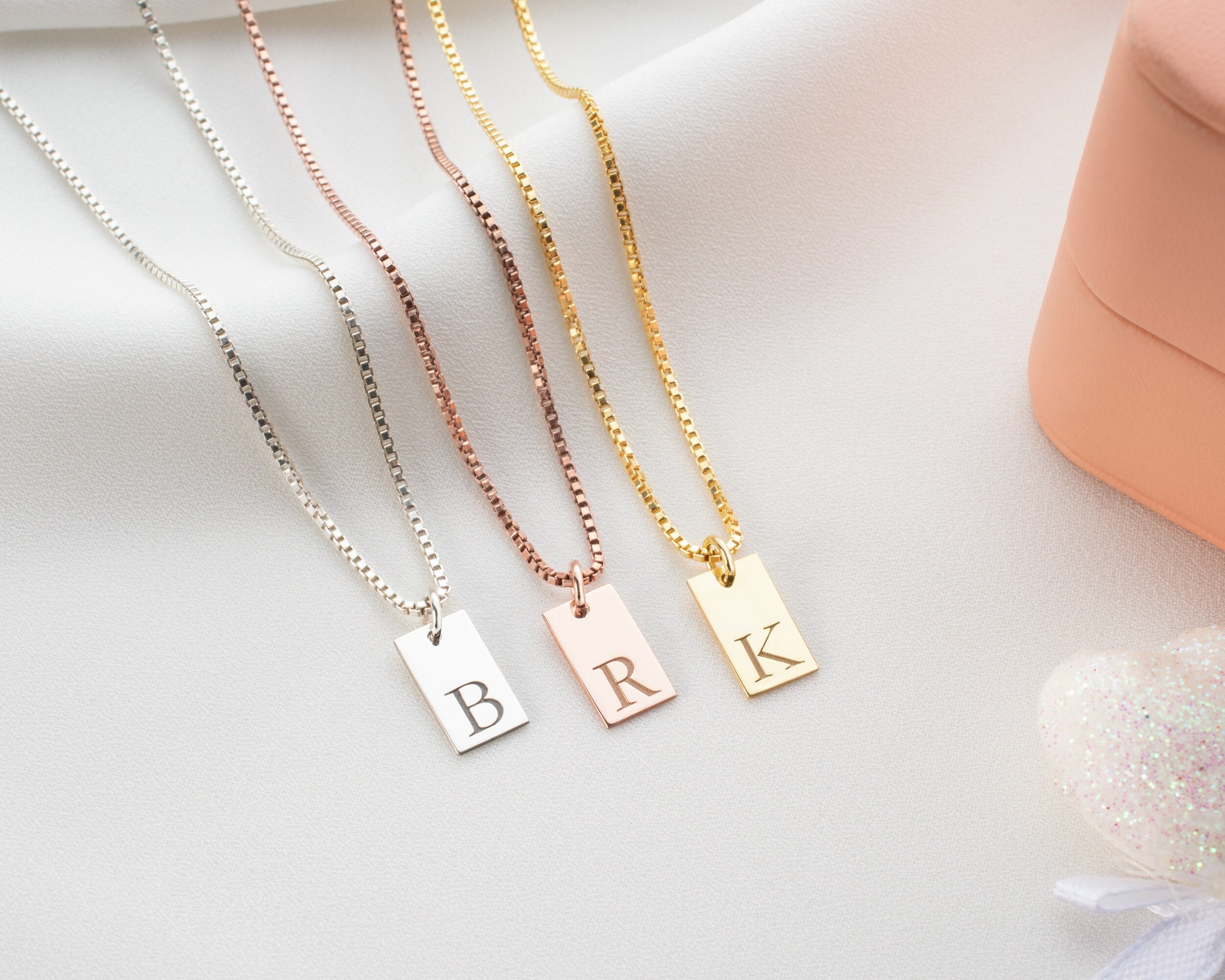 Personalized Silver Initial Pendant Necklace with Box Chain - Custom Engraved Letter Jewelry - Gold Bridesmaid Gift - Letter Bar Necklace
