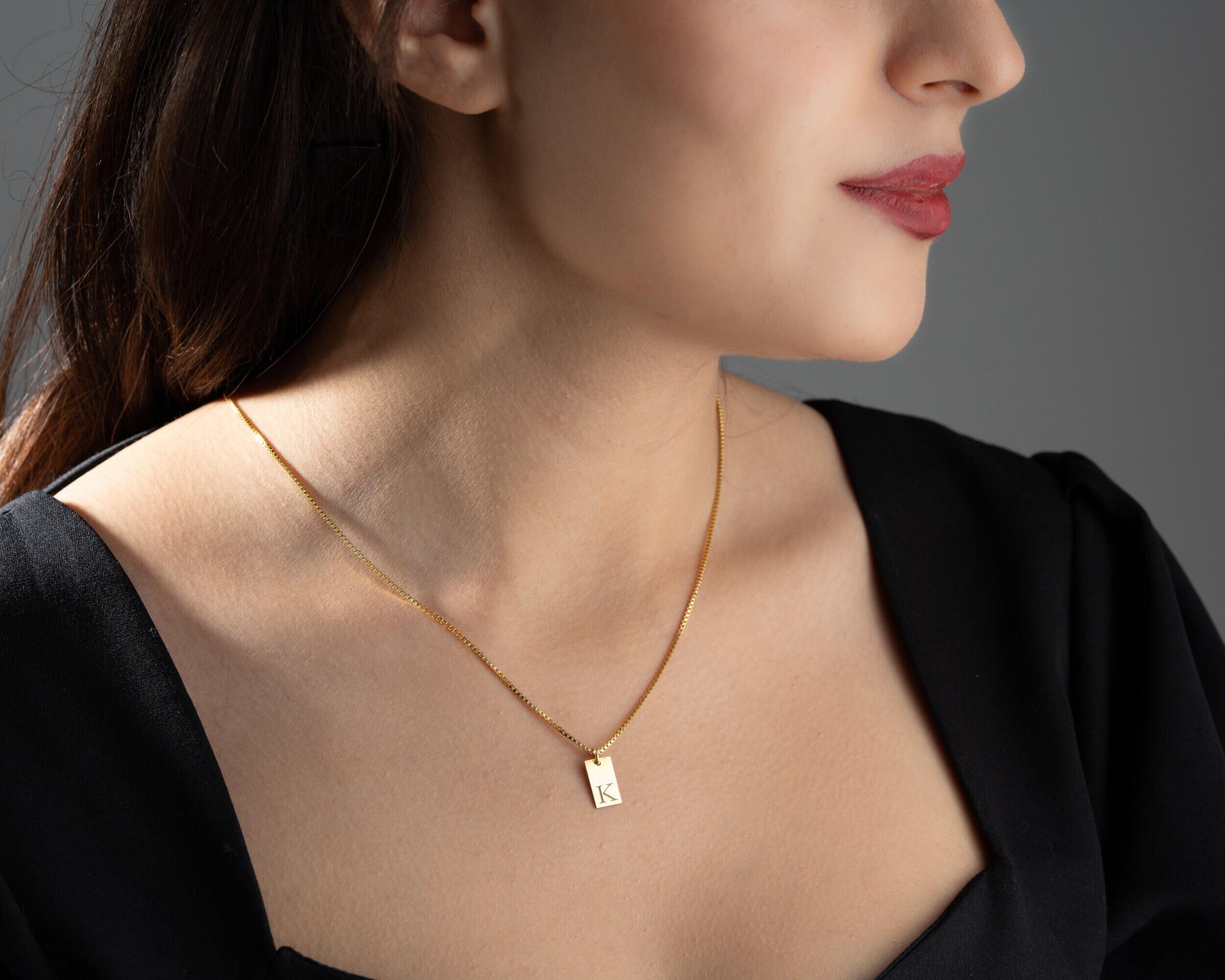 Personalized Silver Initial Pendant Necklace with Box Chain - Custom Engraved Letter Jewelry - Gold Bridesmaid Gift - Letter Bar Necklace