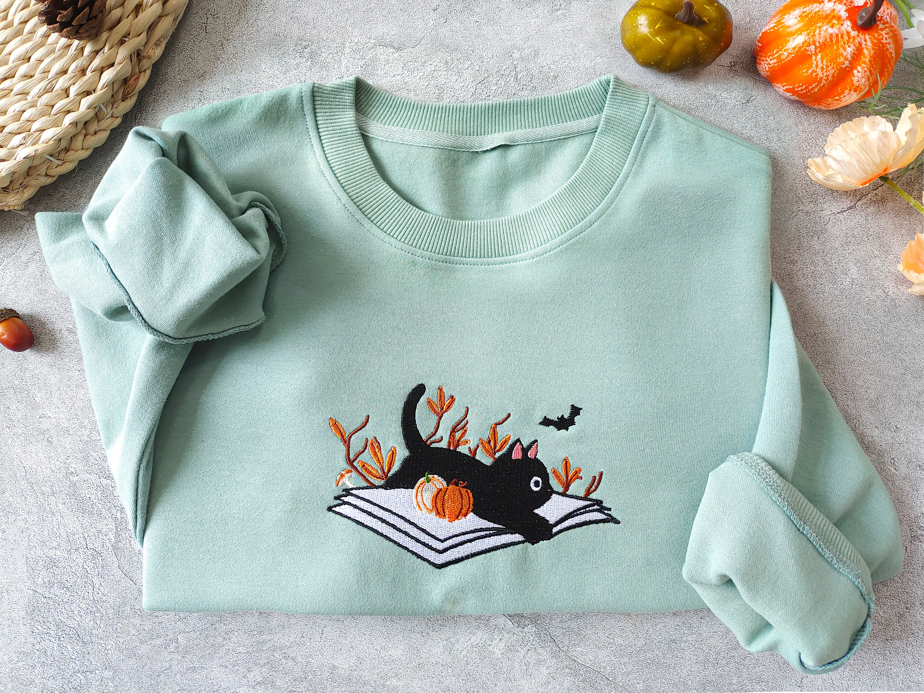 Embroidered Halloween Cat Sweatshirt, Fall Black Cat Crewneck, Book-themed Sweater