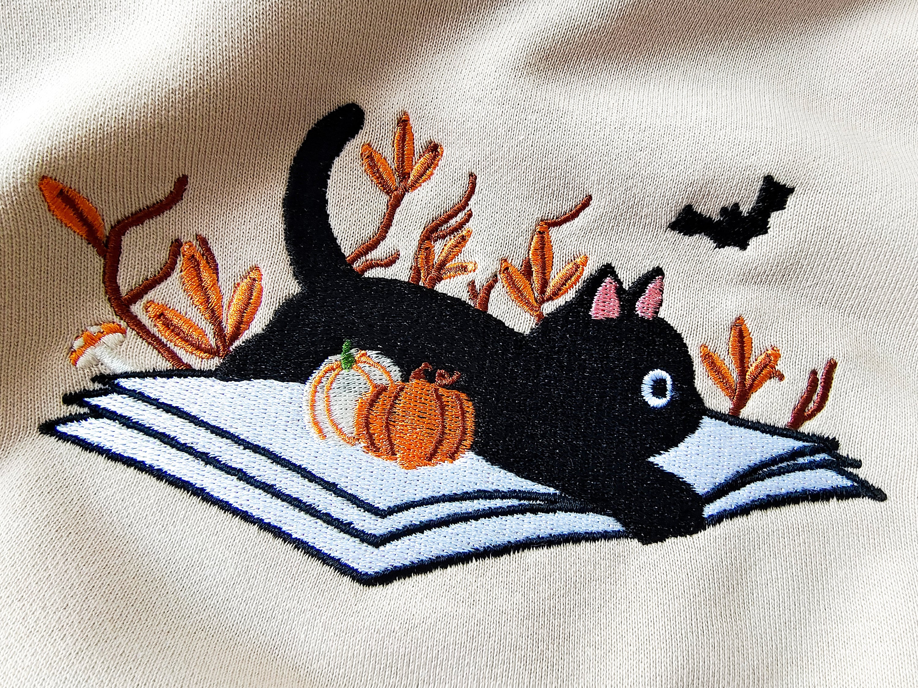 Embroidered Halloween Cat Sweatshirt, Fall Black Cat Crewneck, Book-themed Sweater