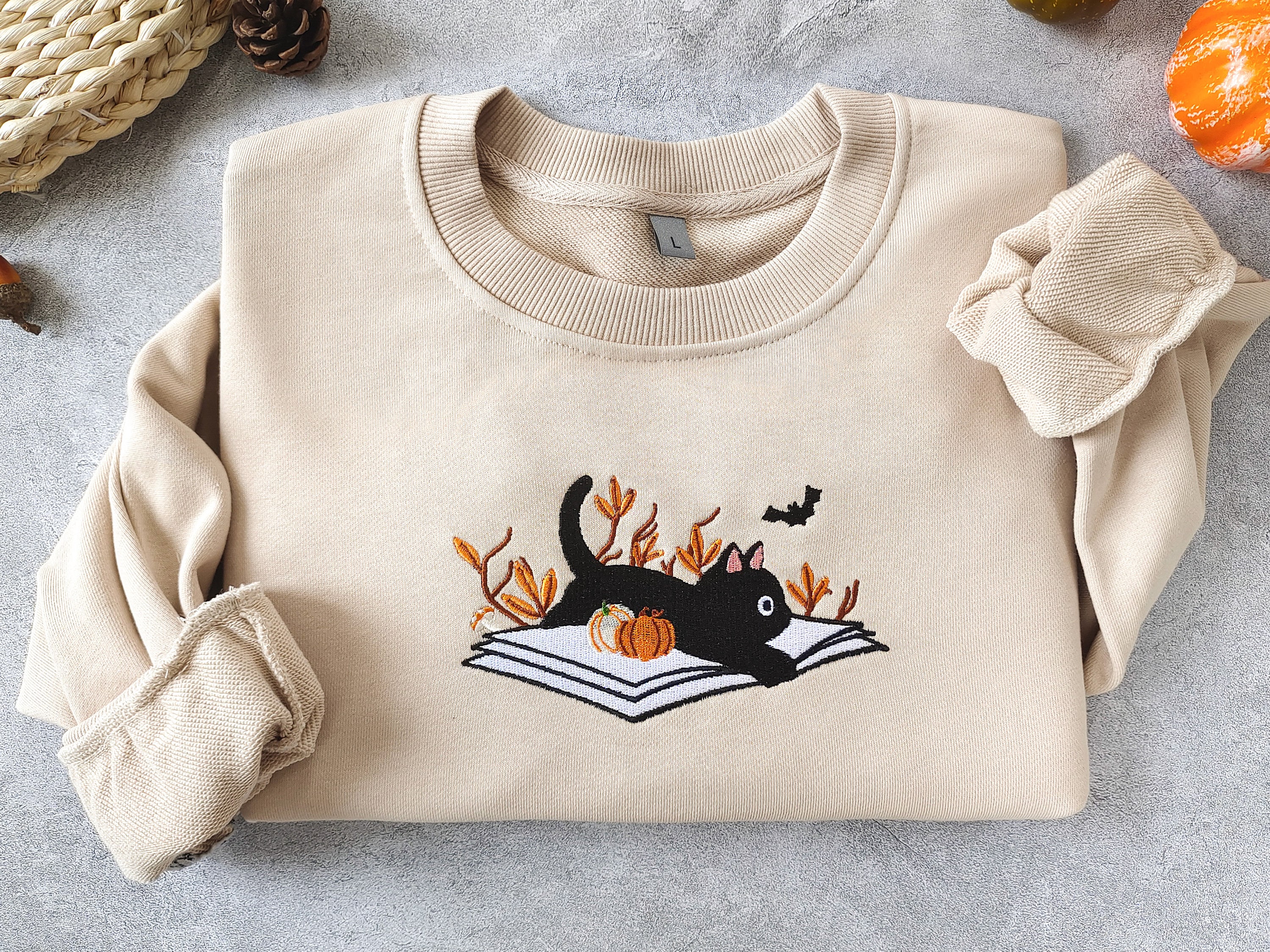 Embroidered Halloween Cat Sweatshirt, Fall Black Cat Crewneck, Book-themed Sweater