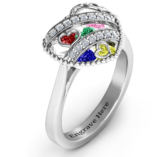 Sparkling Hearts Caged Hearts Ring with Ski Tip Band - Custom Jewellery By All Uniqueness