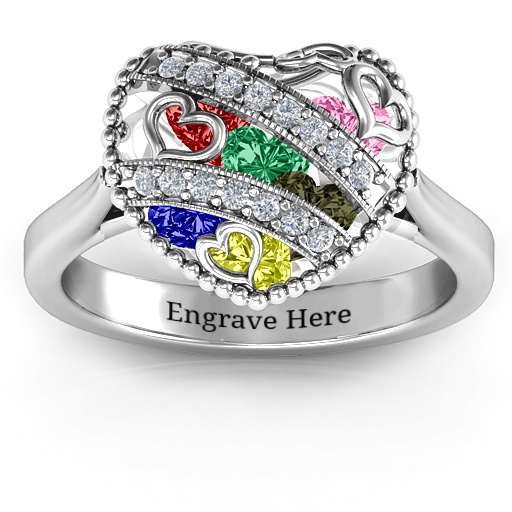 Sparkling Hearts Caged Hearts Ring with Ski Tip Band - Custom Jewellery By All Uniqueness