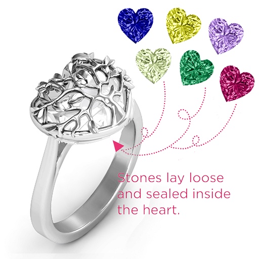Family Tree Caged Hearts Ring with Ski Tip Band - Custom Jewellery By All Uniqueness