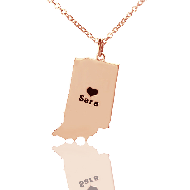 Custom Indiana State Shaped Necklaces With Heart Name Rose Gold - Custom Jewellery By All Uniqueness