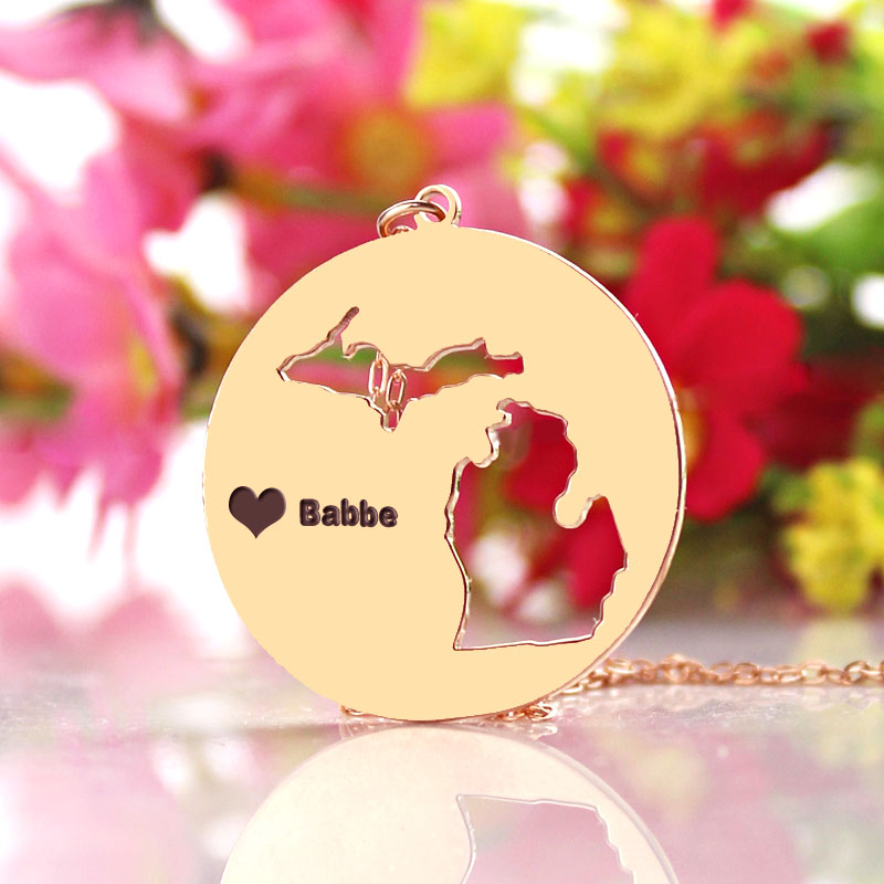 Custom Michigan Disc State Necklaces With Heart Name Rose Gold - Custom Jewellery By All Uniqueness