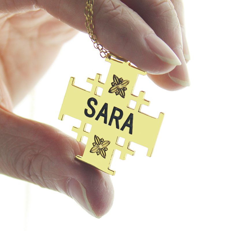 Gold Plated 925 Silver Jerusalem Cross Name Necklace - Custom Jewellery By All Uniqueness