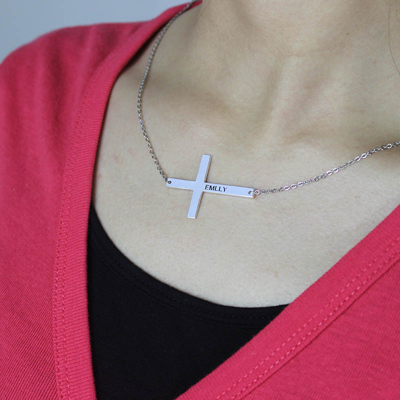 Engraved Silver Latin Cross Name Necklace 1.6&quot; - Custom Jewellery By All Uniqueness