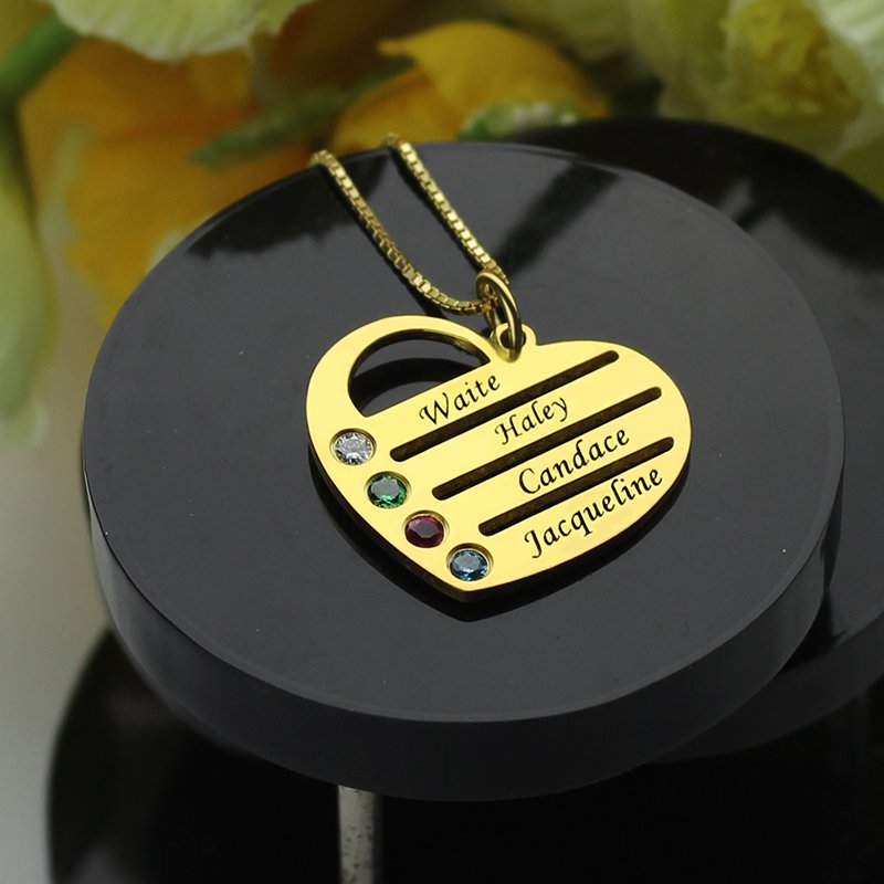 Gold Plated Mothers Birthstone Heart Necklace Engraved Names - Custom Jewellery By All Uniqueness