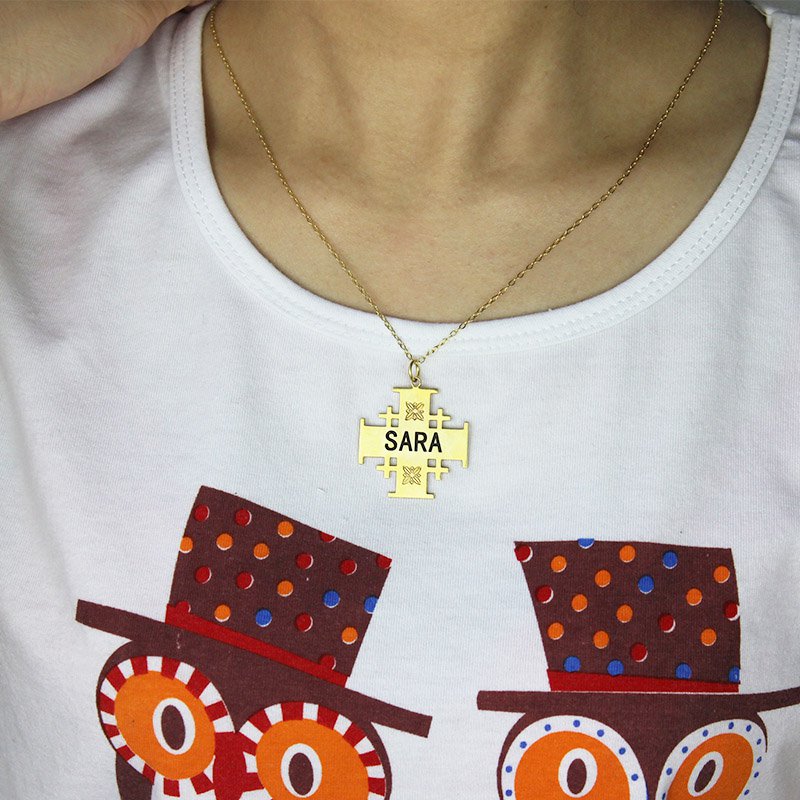 Gold Plated 925 Silver Jerusalem Cross Name Necklace - Custom Jewellery By All Uniqueness