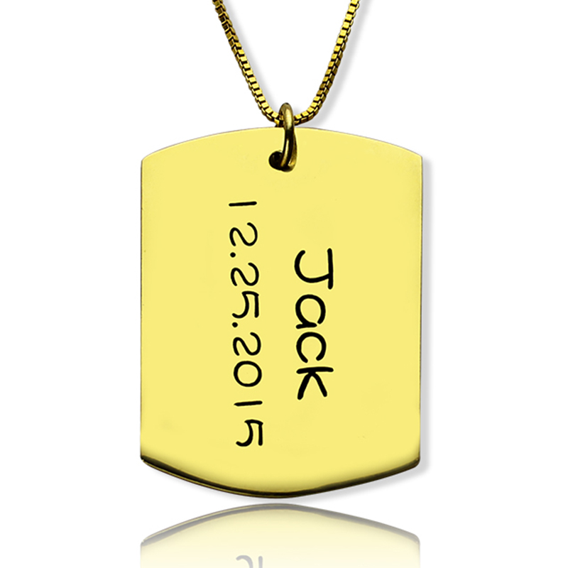 ID Dog Tag Bar Pendant with Name and Birth Date Gold Plated Silver - Custom Jewellery By All Uniqueness