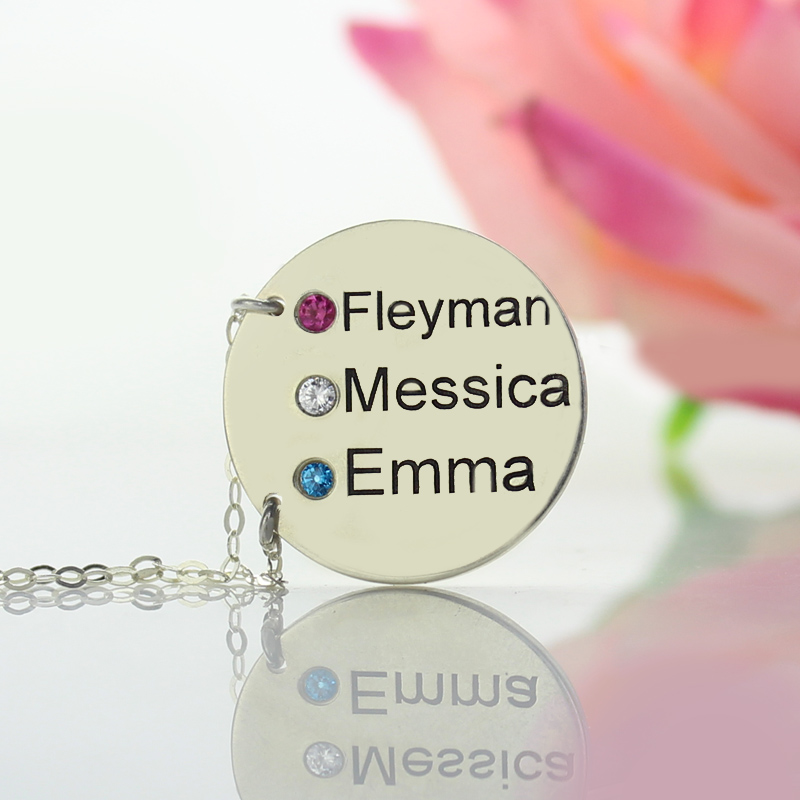 Disc Necklace With Names Birthstones Silver - Custom Jewellery By All Uniqueness