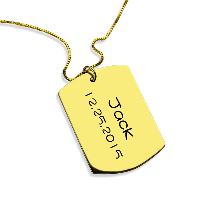 ID Dog Tag Bar Pendant with Name and Birth Date Gold Plated Silver - Custom Jewellery By All Uniqueness