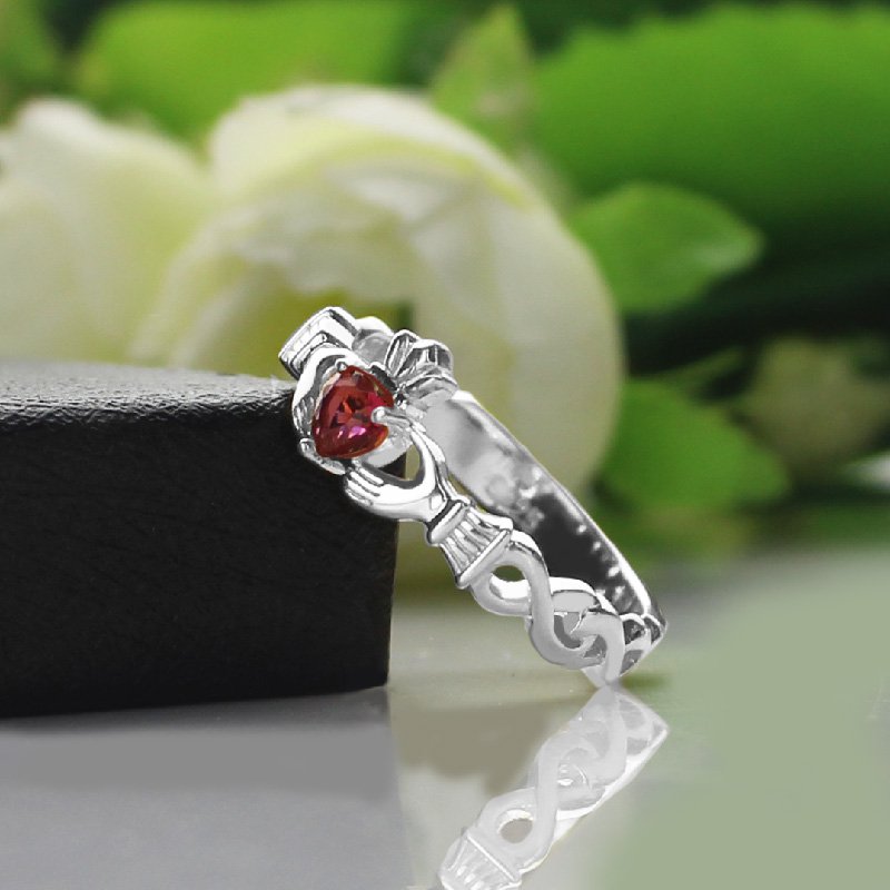 Ladies Claddagh Rings With Birthstone Name White Gold Plated Silver - Custom Jewellery By All Uniqueness