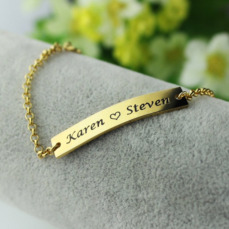 Couple Bar Bracelet Engraved Name Gold Plated - Custom Jewellery By All Uniqueness