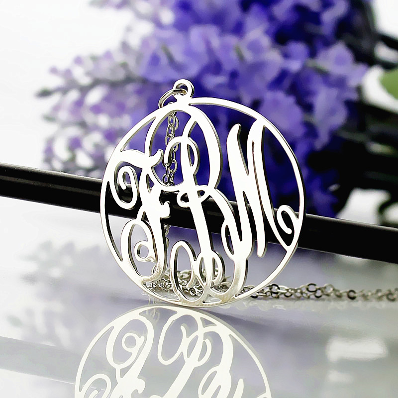 White Gold Plated Vine Font Circle Initial Monogram Necklace - Custom Jewellery By All Uniqueness